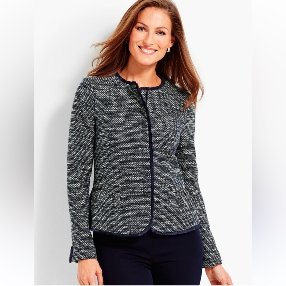 Talbots Classic Navy Textured Blazer Women’s Collarless Tweed Peplum Jacket 14